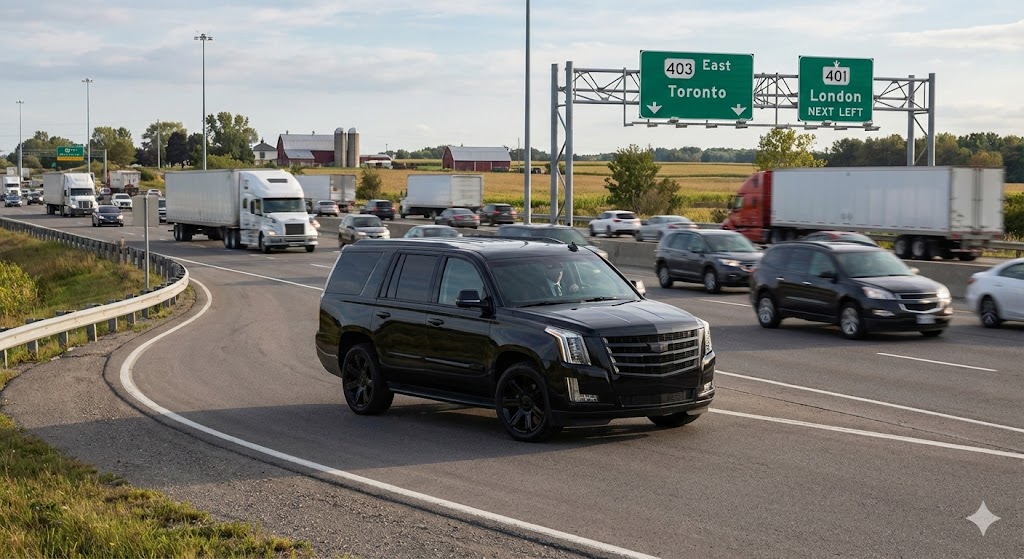 Brantford airport taxi on Highway 403 heading to Pearson